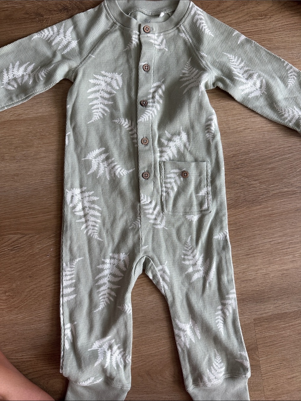 Button-Front Sage Green Fern Print Footed One-Piece